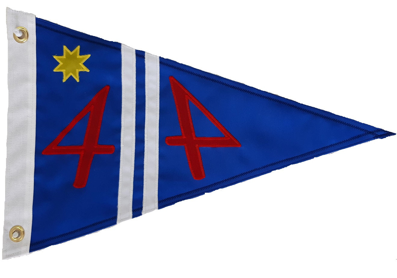 Custom SEWN Applique PENNANT with a blue triangle, red letters, and a yellow star, showcasing high-quality, hand-sewn details for personalized designs.