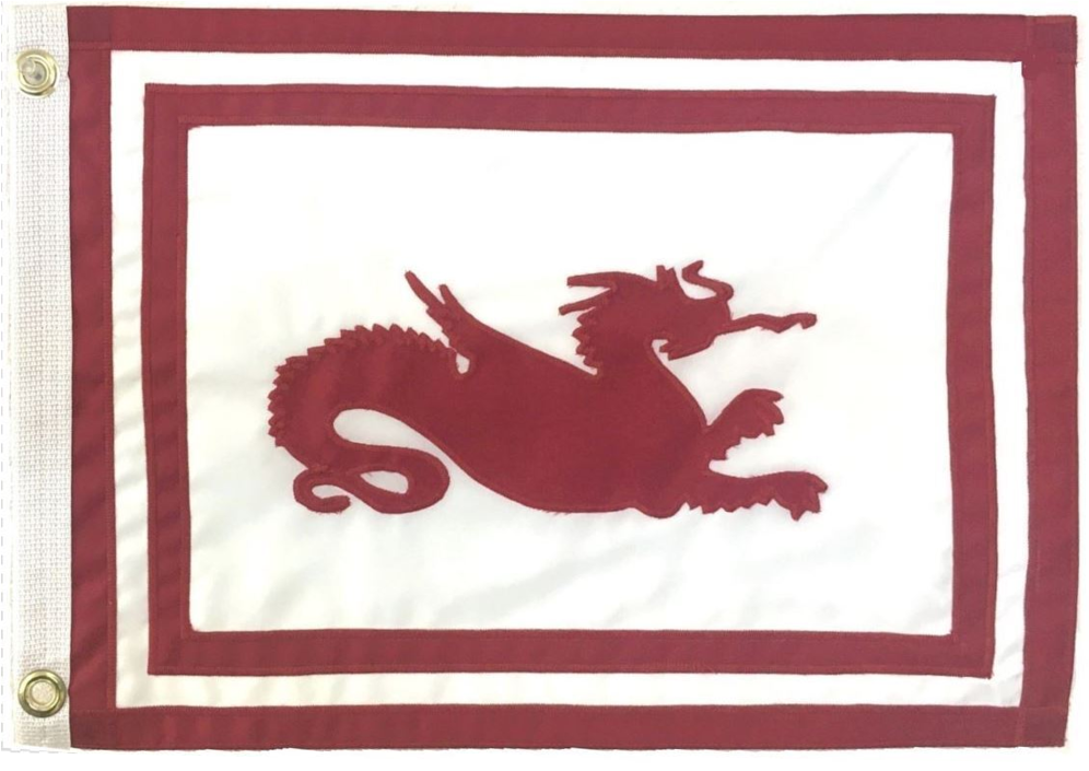 Custom SEWN Personalized Flags featuring a red dragon design, showcasing detailed applique stitching on a rectangular flag.