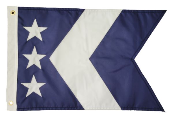 Custom SEWN Personalized Flags: Close-up of a blue and white flag with a white star, showcasing quality stitching and durable fabric.