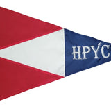 Custom SEWN Personalized Flags, Company Pennants, Boat Burgees displayed as a red, white, and blue triangle flag with white letters on blue fabric.