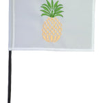 Custom Sewn and Embroidered 4 x 6 Stick Table Flag with pineapple design on white fabric, black plastic staff, and gold top.