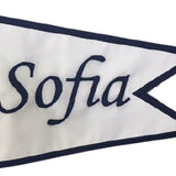 Custom SEWN Applique BURGEE featuring a white triangle flag with black text, crafted from double-layered 200 denier nylon with solid brass grommets.