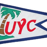 Custom SEWN Applique BURGEE with palm tree and red text on white pennant, featuring durable 200 denier nylon, brass grommets, and hand-sewn details.
