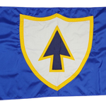 Custom SEWN Applique FLAG featuring a blue and yellow design with a white shield and arrow, made from double-layered UV-resistant nylon.