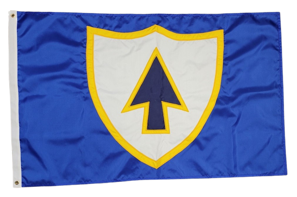 Custom SEWN Applique FLAG featuring a blue and yellow design with a white shield and arrow, made from double-layered UV-resistant nylon.