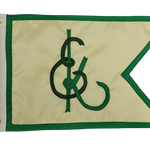 Custom SEWN Applique GUIDON featuring a green and white flag with a central letter and logo, made of double-layered UV-resistant nylon with brass grommets.