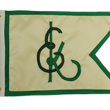 Custom SEWN Applique GUIDON featuring a green and white flag with a central letter and logo, made of double-layered UV-resistant nylon with brass grommets.