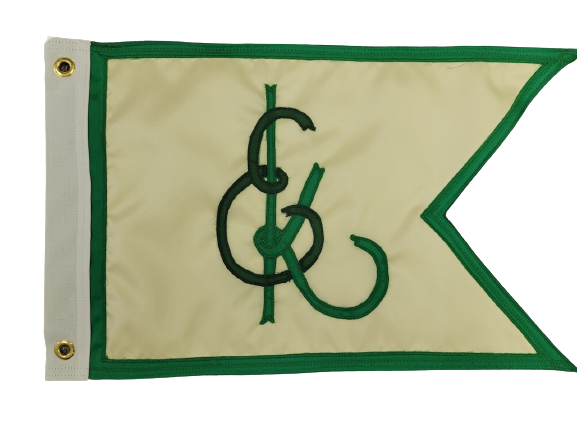 Custom SEWN Applique GUIDON featuring a green and white flag with a central letter and logo, made of double-layered UV-resistant nylon with brass grommets.