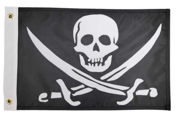 Custom SEWN Applique FLAG featuring a skull and crossed swords design, made from UV-resistant nylon with brass grommets for durability.