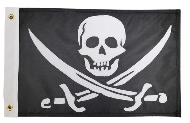 Custom SEWN Personalized Flags featuring a skull and crossed swords design on a black background, made from UV-resistant nylon with applique stitching and brass grommets.