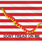 First Navy Jack Historic American Flag 3' x 5' Printed Nylon featuring a yellow rattlesnake on 13 red and white stripes with Don't Tread On Me motto.