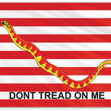 First Navy Jack Historic American Flag 3' x 5' Printed Nylon featuring a yellow rattlesnake on 13 red and white stripes with Don't Tread On Me motto.