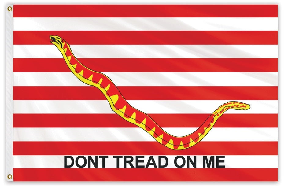 First Navy Jack Historic American Flag 3' x 5' Printed Nylon featuring a yellow rattlesnake on 13 red and white stripes with Don't Tread On Me motto.