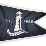 Custom SEWN Applique BURGEE featuring a lighthouse and text, made from double-layered nylon with strong header and brass grommets for durability.