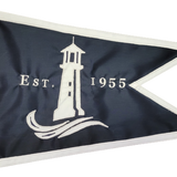 Custom SEWN Applique BURGEE featuring a lighthouse and text, made from double-layered nylon with strong header and brass grommets for durability.