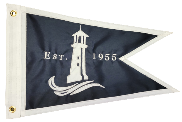 Custom SEWN Applique BURGEE featuring a lighthouse and text, made from double-layered nylon with strong header and brass grommets for durability.