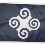 Custom SEWN Applique FLAG featuring a blue and white design with spirals, crafted from double-layered UV-resistant nylon, complete with strong header and brass grommets.