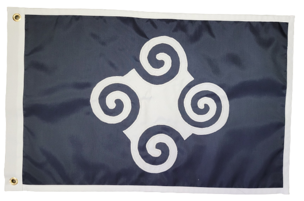 Custom SEWN Applique FLAG featuring a blue and white design with spirals, crafted from double-layered UV-resistant nylon, complete with strong header and brass grommets.