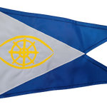 Custom SEWN Applique BURGEE featuring a blue and white triangle design with a yellow eye and symbol, double layered nylon and brass grommets.