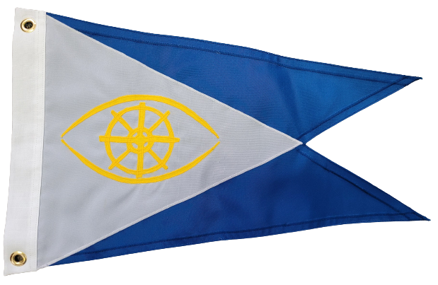 Custom SEWN Applique BURGEE featuring a blue and white triangle design with a yellow eye and symbol, double layered nylon and brass grommets.