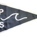 Custom SEWN Applique Wedding Flag displaying a grey triangle with white letters and a wave, made from 200 denier nylon with brass grommets.