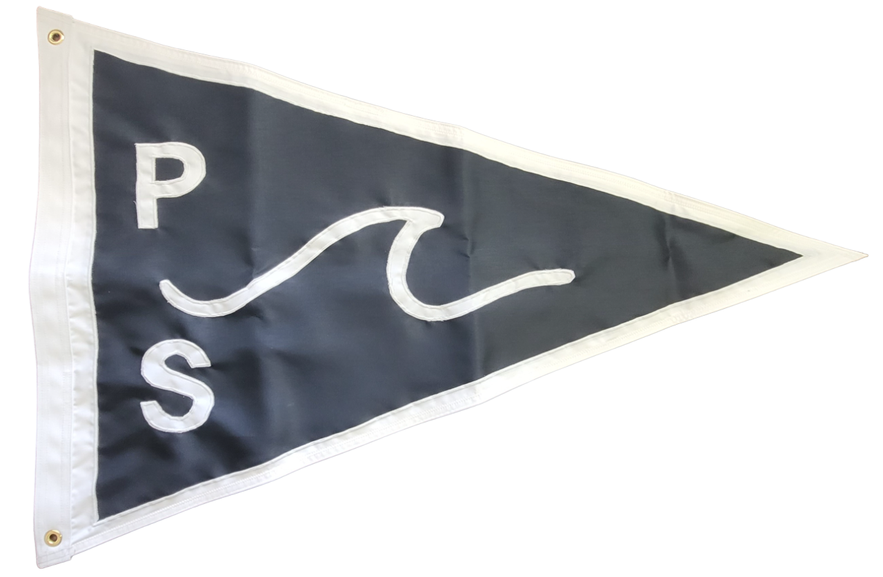 Custom SEWN Applique Wedding Flag displaying a grey triangle with white letters and a wave, made from 200 denier nylon with brass grommets.