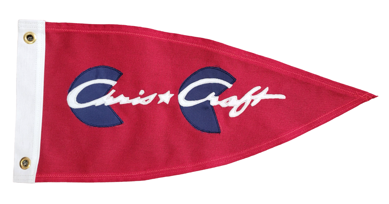 Chris Craft Boat Bow Pennant 9 x 20 features a red background with white text, nylon applique on cotton, solid canvas header, and brass grommets.