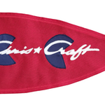 Chris Craft Boat Bow Pennant 9 x 20 features a red background with white text, nylon applique on cotton, solid canvas header, and brass grommets.