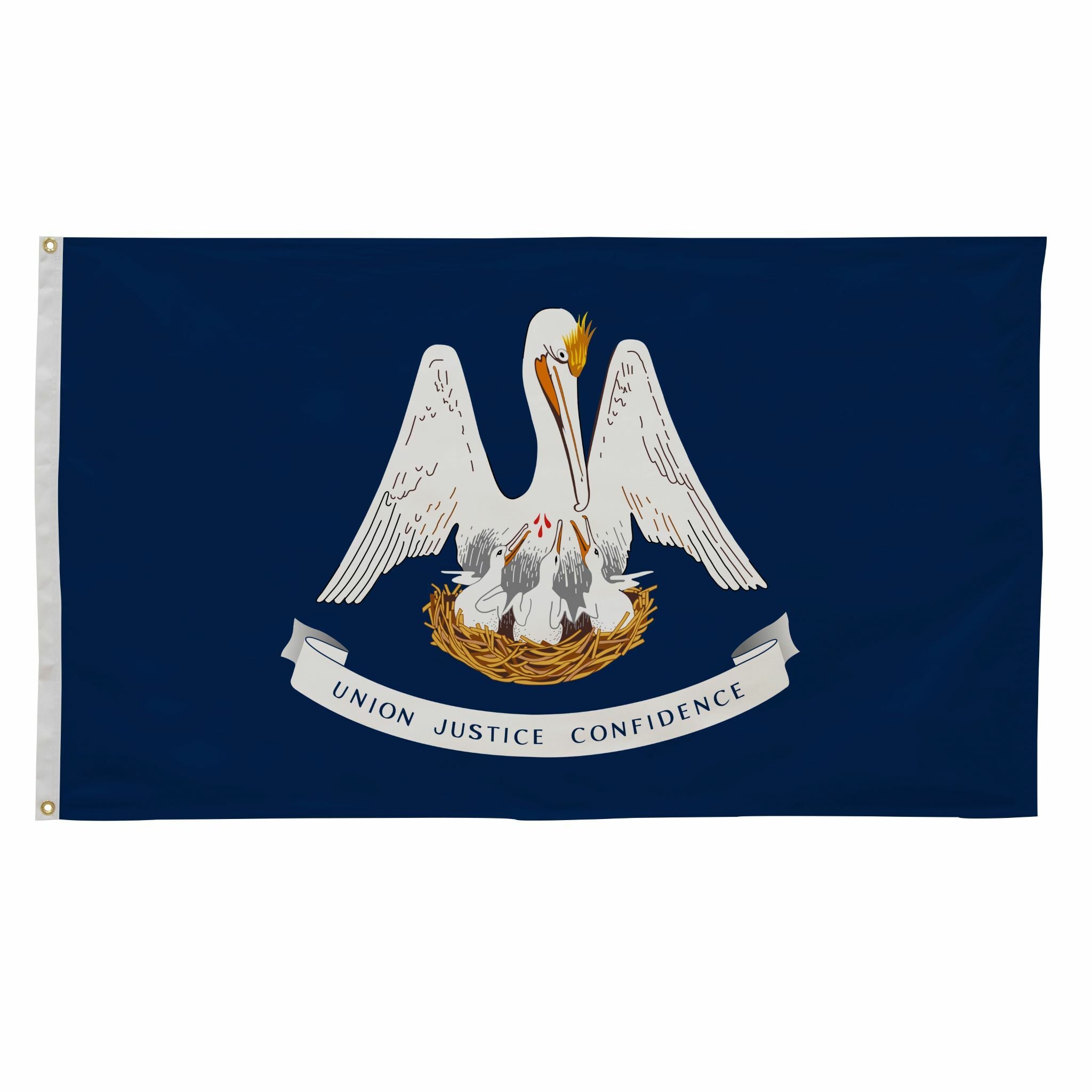 Louisiana State Flag 6' x 10' Printed Nylon featuring a pelican emblem with strong canvas header and brass grommets for outdoor use.