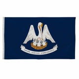 Louisiana State Flag 4' x 6' Printed Nylon featuring a pelican emblem, designed for outdoor use with brass grommets and UV-resistant material.