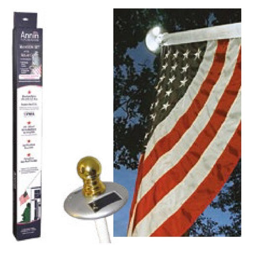 3x5' American Flag with Pole and Solar Light Kit, featuring a nylon flag with embroidered stars on a white aluminum pole, includes a solar light and gold ball ornament.