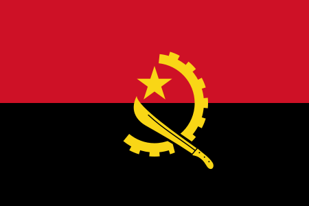 Angola Flag Printed Nylon 3' x 5', featuring a yellow star, gear, and machete on a red and black background. Durable with brass grommets.