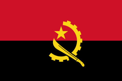 Angola Flag Printed Nylon 3' x 5' with yellow star, circle, and black sword; made for indoor or outdoor use with strong canvas header and brass grommets.