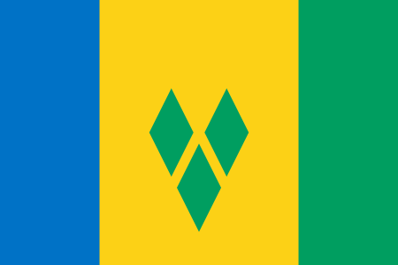 St. Vincent & Grenadines Printed Nylon 3' x 5' flag with green, yellow, and blue design, featuring strong canvas header and brass grommets for durable outdoor use.