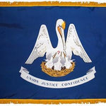 Louisiana State Flag 3' x 5' INDOOR Printed Nylon, featuring a white pelican with baby birds on a blue background, golden fringe, and flannel-lined pole sleeve.