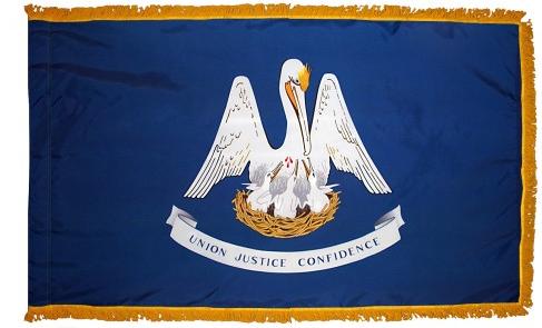 Louisiana State Flag 3' x 5' INDOOR Printed Nylon, featuring a white pelican with baby birds on a blue background, golden fringe, and flannel-lined pole sleeve.