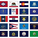 Collage of 50 US state indoor flags, 4' x 6', printed on nylon with golden yellow fringe and pole sleeve, designed for indoor use.