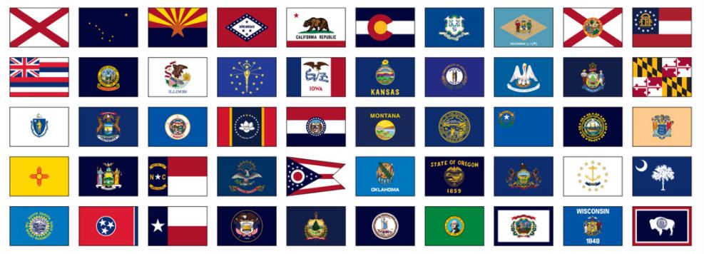 Collage of 50 US state indoor flags, 4' x 6', printed on nylon with golden yellow fringe and pole sleeve, designed for indoor use.