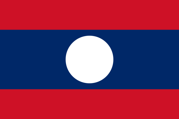 Laos Flag Printed Nylon 3' x 5': A flag with a white circle centered on a blue background, bordered by red, featuring strong canvas header and brass grommets.