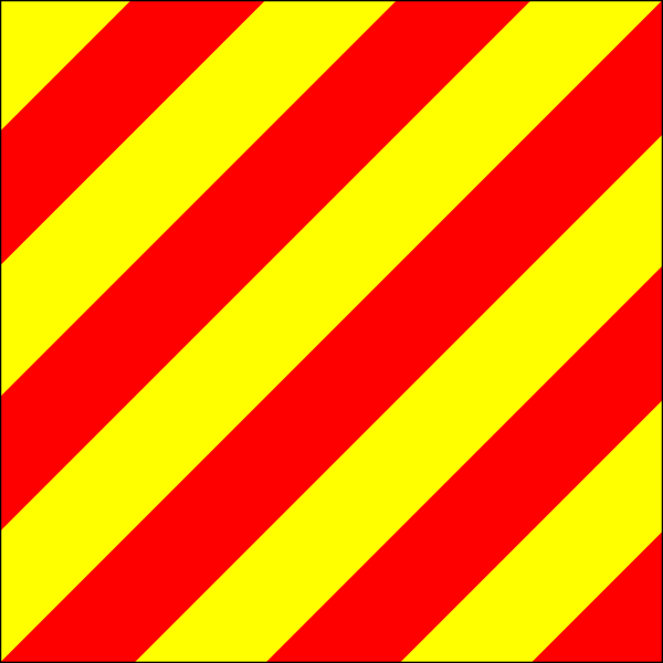 Yankee Code Signal Flag made of 200 denier nylon with diagonal stripes, finished with nylon rope, distance lines, and ash toggles. Size: 12 x 15.