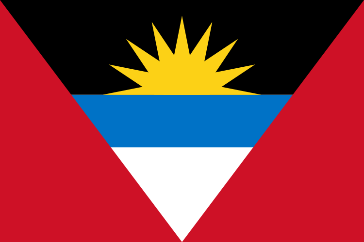 Antigua & Barbuda Flag Printed Nylon 3' x 5', featuring a yellow sun and blue triangle, designed for outdoor use with durable materials and brass grommets.