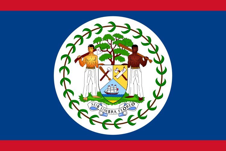 Belize Flag Printed Nylon 3' x 5' featuring two men with bats, durable with brass grommets, suitable for indoor and outdoor use.