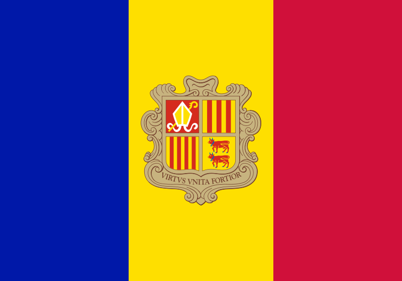 Andorra Flag Printed Nylon 3' x 5' features red, blue, and yellow stripes with a central emblem, strong canvas header, and brass grommets for outdoor use.