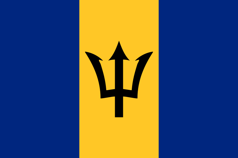 Barbados Flag Printed Nylon 3' x 5' featuring a black trident on a yellow and blue background, designed for indoor or outdoor use.