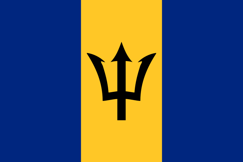 Barbados Flag Printed Nylon 3' x 5' with black trident on yellow and blue background, strong canvas header, and brass grommets for outdoor use.