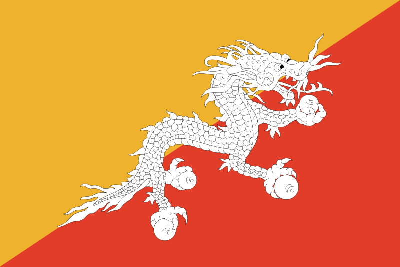 Bhutan Flag Printed Nylon 3' x 5' featuring a white dragon on a red and yellow background, designed for outdoor use with durable stitching and brass grommets.