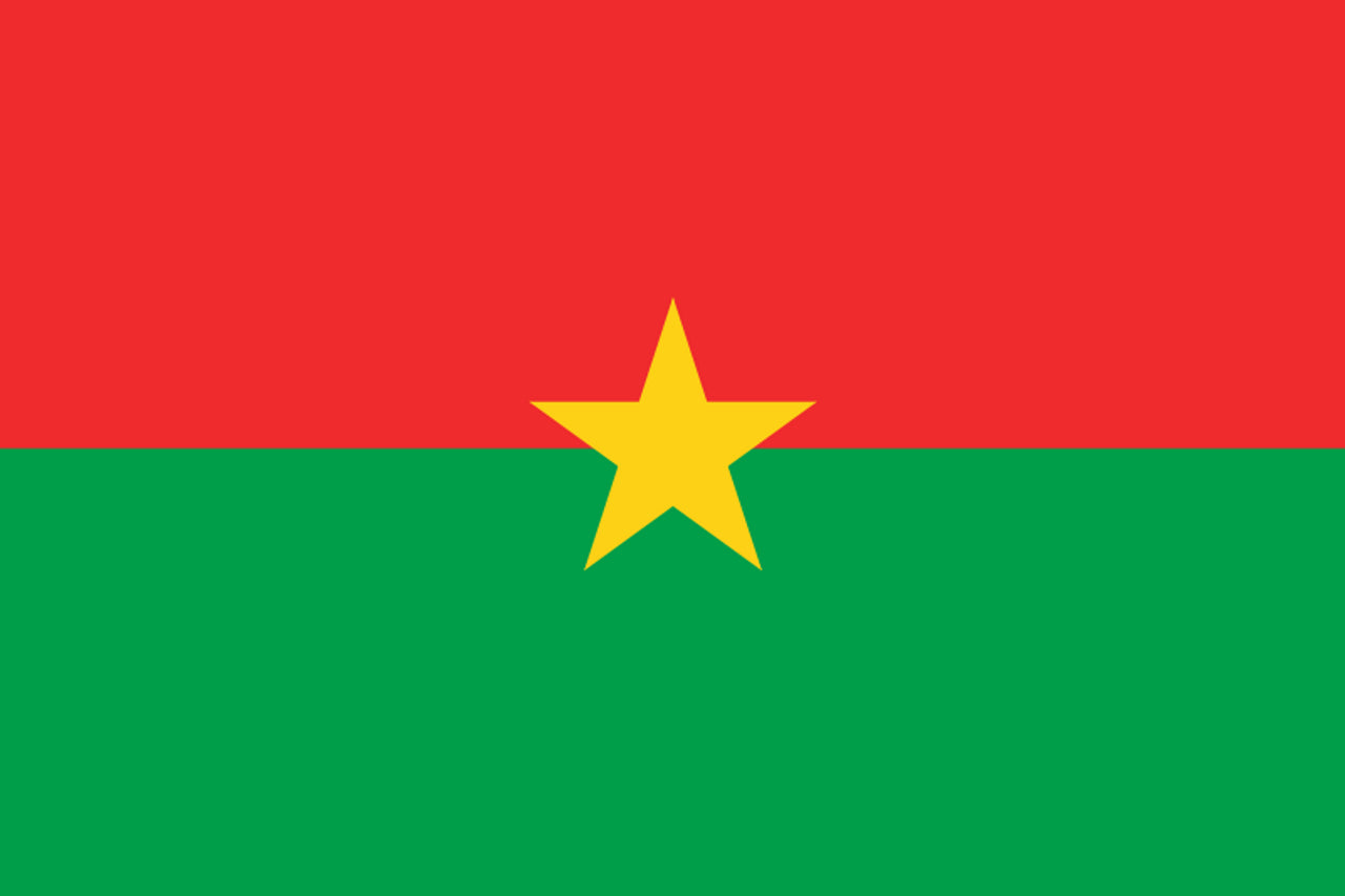 Burkina Faso Flag Printed Nylon 3' x 5', featuring a yellow star, strong canvas header, and brass grommets for indoor or outdoor use.