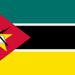 Mozambique Flag Printed Nylon 3' x 5' with a red star, black and white stripes, and cross with weapon, designed for outdoor use with brass grommets.