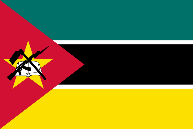 Mozambique Flag Printed Nylon 3' x 5' with a red star, black and white stripes, and cross with weapon, designed for outdoor use with brass grommets.