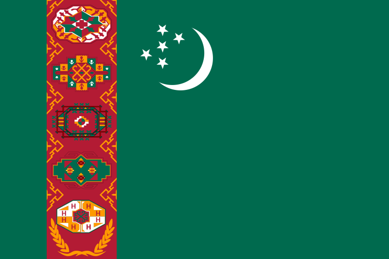 Turkmenistan Flag Printed Nylon 3' x 5' with white crescent and stars, strong canvas header, and brass grommets, designed for indoor or outdoor use.